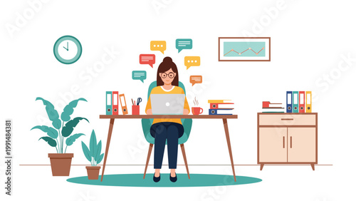 Flat illustration of a woman working on a laptop at her desk surrounded by office supplies, plants, and message icons.