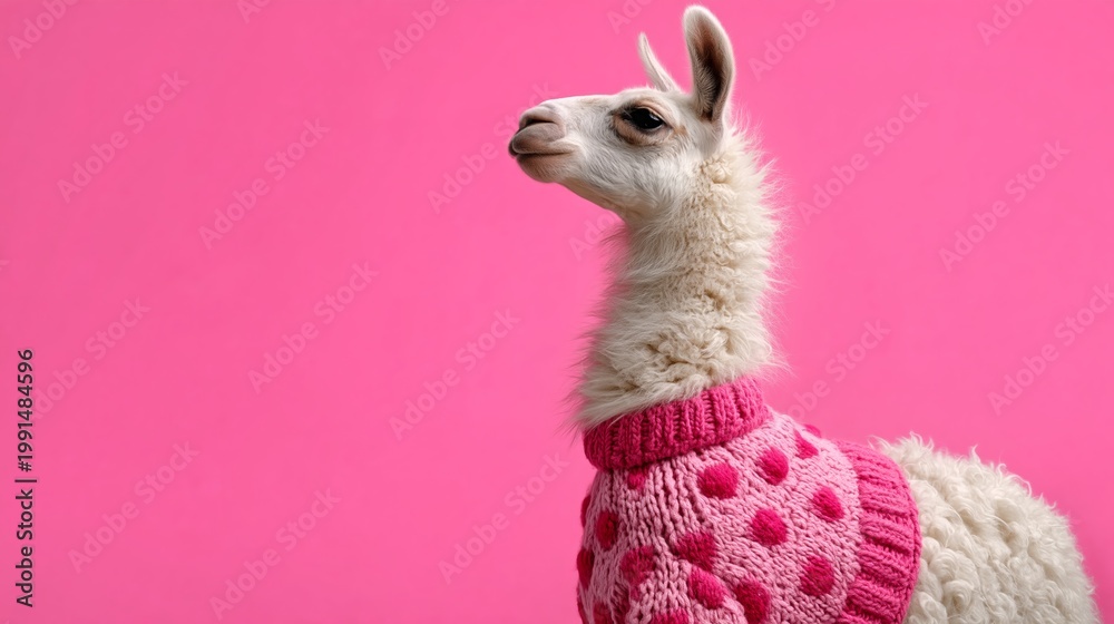 Obraz premium White llama wearing a pink knitted sweater with polka dots stands against a vibrant pink background, showcasing its unique fashion and playful appearance