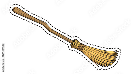 Illustration of a classic wooden witch broom with straw bristles is surrounded by a dashed outline for a craft or sticker design.