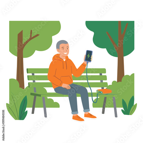 Man sits on park bench checking blood pressure with device outdoors