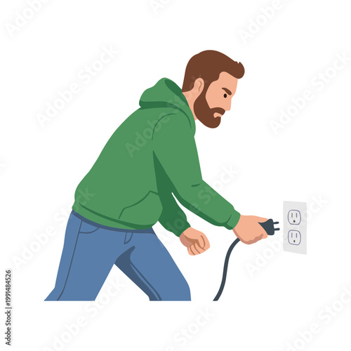 Man pulling an electrical cord from a wall outlet forcefully
