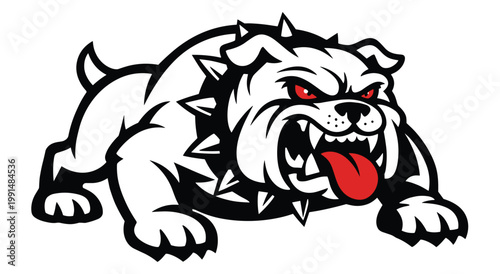 Aggressive bulldog mascot, fierce expression, red eyes, sharp teeth, and spiked collar. Perfect for sports teams or edgy brand logos. Isolated on white.