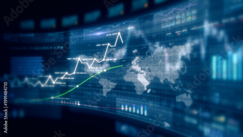 Futuristic global financial data visualization, world map and digital globe with candlestick chart, stock trading analytics, forex market dashboard, fintech infographic, big data interface
