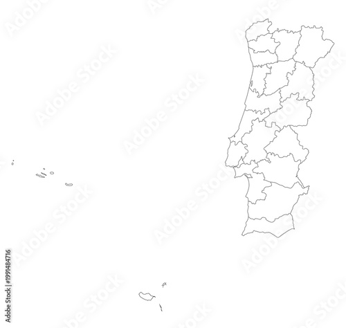 Portugal Map with Districts Outline, Isolated Vector Illustration