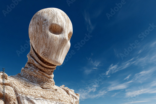 An ancient wooden sculpture of a man stands  outdoors against a beautiful summer sky