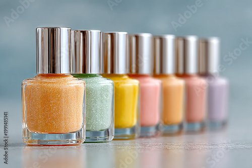 A colorful set of isolated glass vials and containers featuring bottles of perfume, essential oils, and liquid soap alongside red nail polish and blue medical liquid for beauty and science care