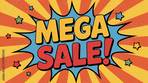 Mega sale banner, discount sign, shopping promotion, colorful announcement