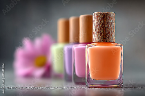 A collection of vibrant red and pink nail polish bottles with liquid varnish and cosmetic brushes isolated on white and blue backgrounds for professional manicure, pedicure, and fashion beauty care