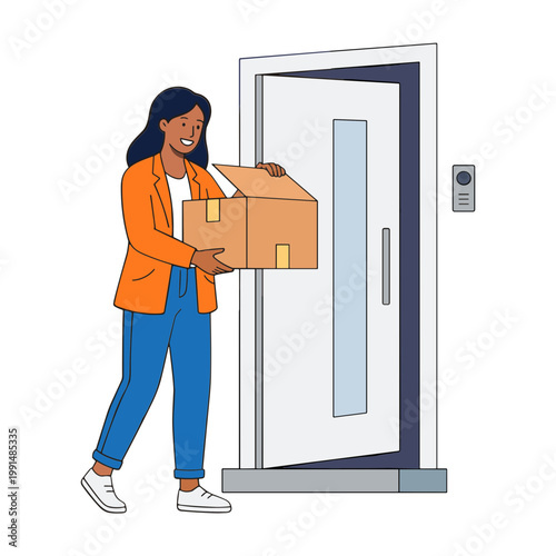 A woman is delivering a package to a residential door with care.