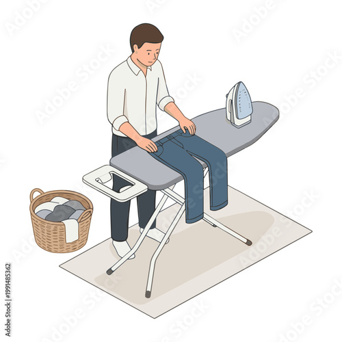 Man ironing pants on board with iron and basket nearby indoors
