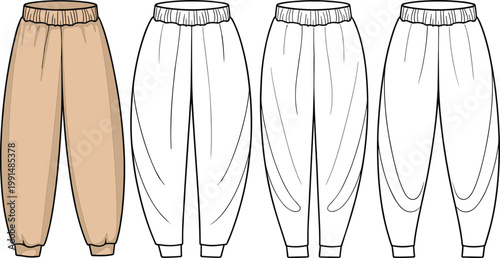 Relaxed fit harem pants with elastic waist, draped volume silhouettes, contemporary casual bottoms fashion sketch series – vector illustration