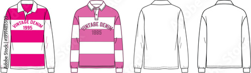 Retro striped polo shirt set, long sleeve casual design with text print, front and back views, apparel outline – vector illustration