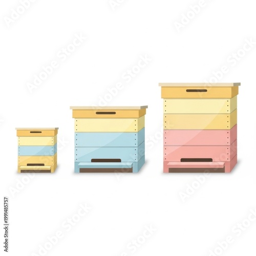 Colorful Beehive Style Beehives in Stacked Wooden Boxes