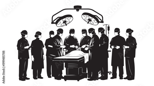 Surgical team performing operation in operating room silhouette vector