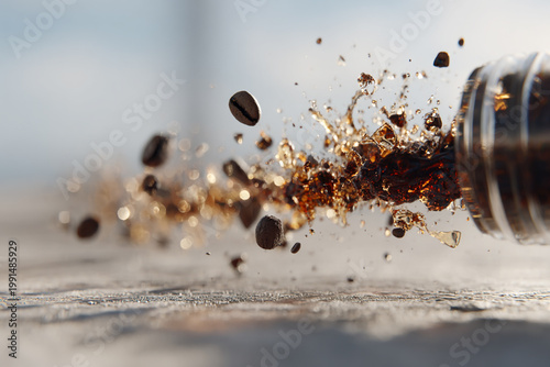 A high-speed action shot of coffee splashing out of a bottle with floating roasted beans and sparkling, golden liquid droplets.
