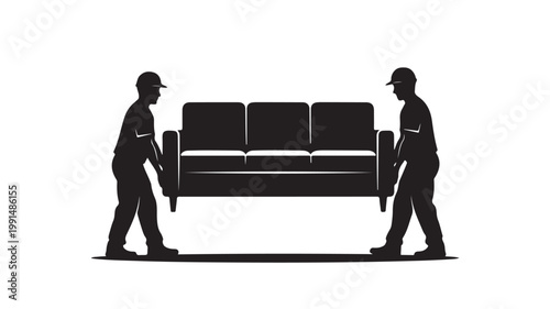 Furniture moving service workers carrying sofa silhouette vector