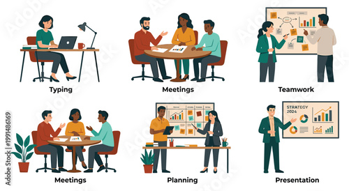 Set of business illustrations depicting meetings, presentations, teamwork, planning, typing, and handshake. Captures office dynamics and professional collaboration for business growth.