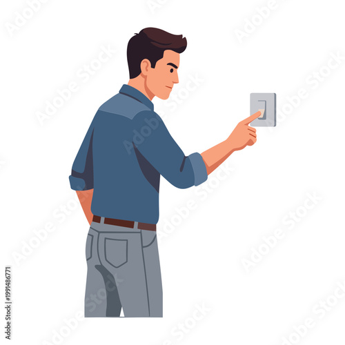 Man turning light switch on in modern home interior setting