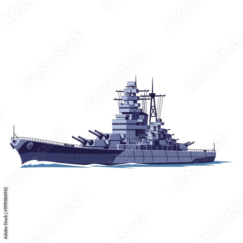 Warship silhouette illustration with multiple cannons and a detailed superstructure