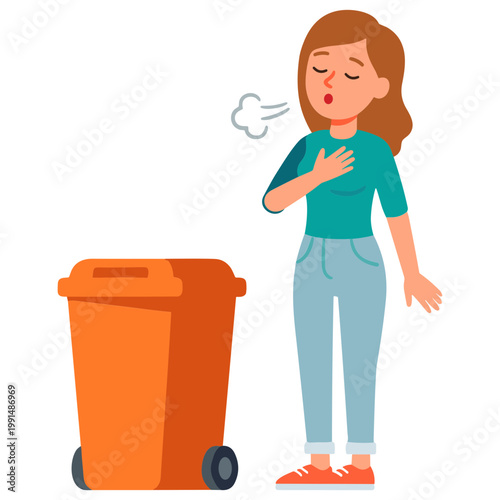 A woman feels unwell next to a trash can outdoors.