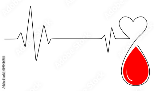 black line image that forms a flowing heartbeat pattern that connects to form a heart at the top and a drop of blood at the bottom. icon for world blood donor day