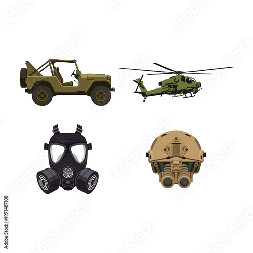 Military Equipment Icons Jeep, Helicopter, Gas Mask, and Night Vision Goggles