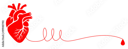 A red heart silhouette on the left, followed by a curved line and a drop of blood on the right. Vector image for World Blood Donor Day