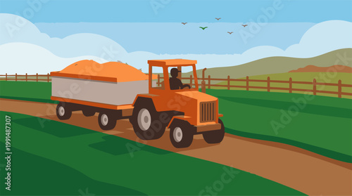 Φωτογραφία Farmer driving tractor with trailer loaded with wheat on a rural road