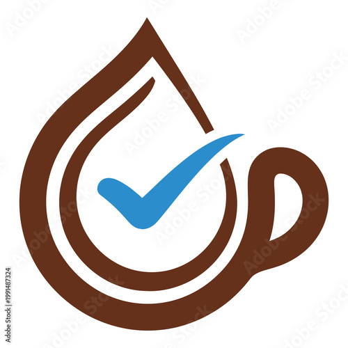 Brown teardrop shaped coffee cup with blue checkmark inside  symbol for approved beverage icon