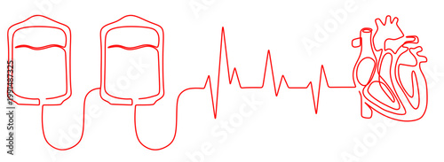 A continuous line drawing that forms a flowing heartbeat pattern that connects to form a blood bag on the left and a heart on the right. Vector image for World Blood Donor Day