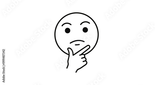 Thinking face, puzzled expression, hand under chin, questioning emoticon, vector illustration
