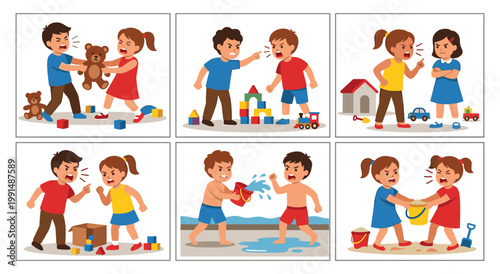 Conflict between kids in nursery and beach settings, siblings disagreeing and yelling at each other, social emotional development issues, behavioral problems in early childhood, sibling rivalry.