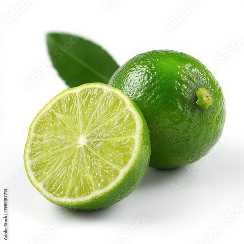 Close up of a whole lime and one half cut lime with a leaf on white background