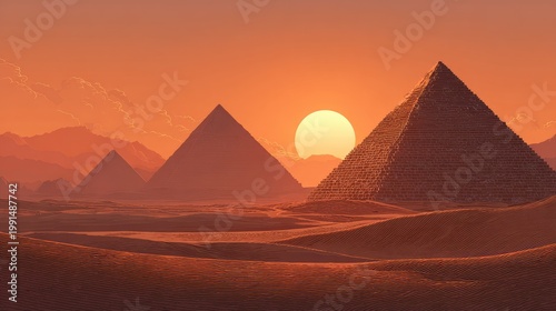 Ancient Egyptian Pyramids at Sunset in the Desert.