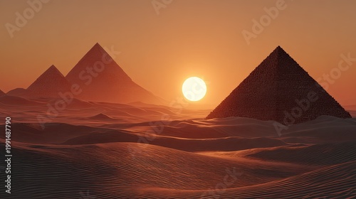 Majestic Egyptian Pyramids Silhouetted Against a Fiery Desert Sunset.