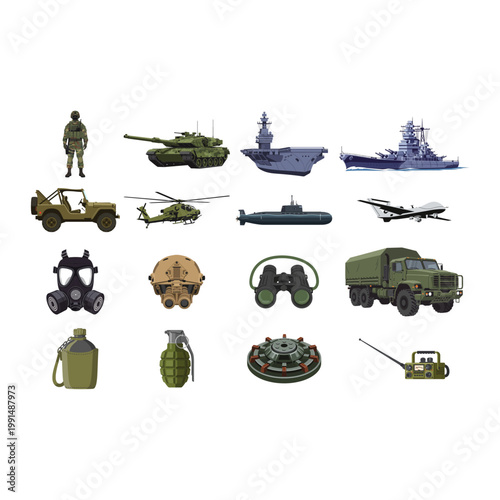 Military Equipment and Vehicles Set for Combat and Defense