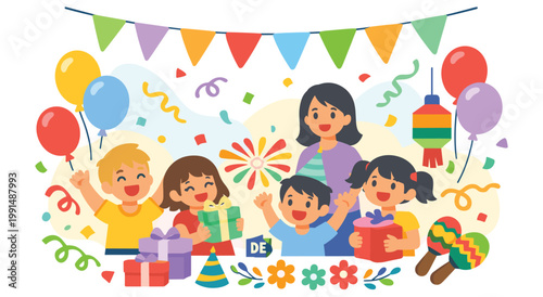 Children joyfully celebrate cinco de mayo with gifts, balloons, and party decorations. Festive atmosphere with confetti and colorful flags. Happy kids and adult, fun gathering for Mexican holiday.