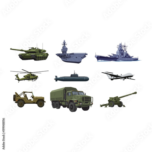 Collection of Military Vehicles and Aircraft Including Tanks and Ships