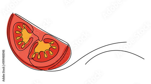 Tomato slice drawing in one line art style for healthy food concepts.