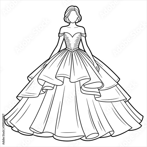 Black and white line of a ball gown wedding dress bridal fashion