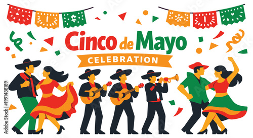 Festive cinco de mayo celebration featuring dancing couples, mariachi band playing instruments, and colorful decorations. Traditional Mexican fiesta elements with confetti and streamers.