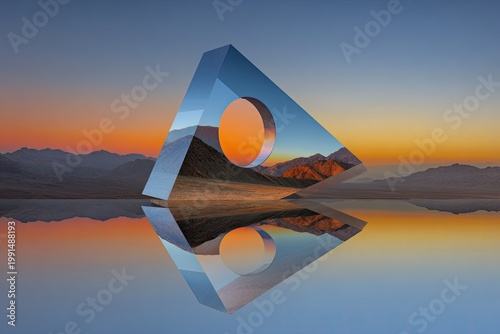 Geometric Sculpture Reflecting Sunset Over Calm Water.