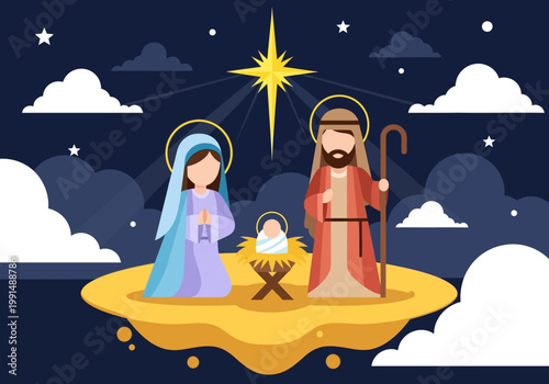 Christmas Nativity Scene Illustration with Mary, Joseph, and Baby Jesus Under the Bethlehem Star in Flat Vector Design