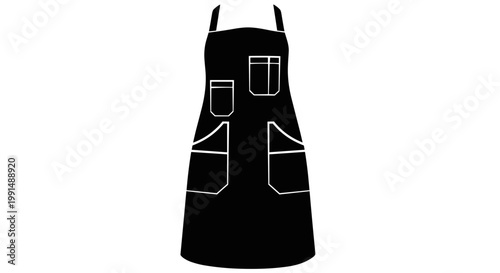 Black apron with multiple pockets in minimalist silhouette style on white background
