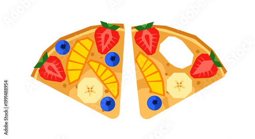 Illustration of vibrant crepes topped with an array of colorful fruit including strawberries, blueberries, and bananas on a white background