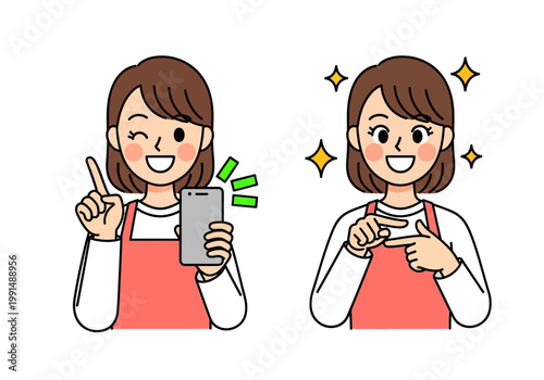 Smiling Woman in Apron Set Holding Smartphone and Pointing - Flat Vector Illustration of Female Character for App Guide, Service Recommendation or Shopping