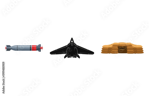 Warfare elements vector graphic collection a bomb, modern jet, and defensive bunker illustration
