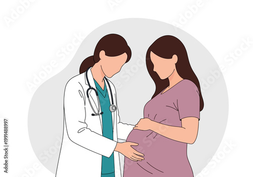 Maternal Health Concept: Professional Female Doctor Consulting Pregnant Woman in Medical Clinic, Vector Illustration for Healthcare and Wellness