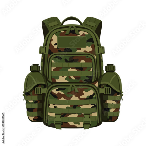 Camouflage backpack vector illustration of outdoor adventure gear