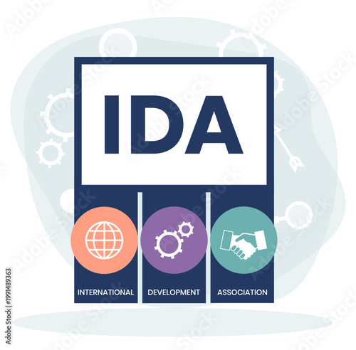 IDA, INTERNATIONAL DEVELOPMENT ASSOCIATION acronym. Concept with keyword and icons. Flat vector illustration. Isolated on white.